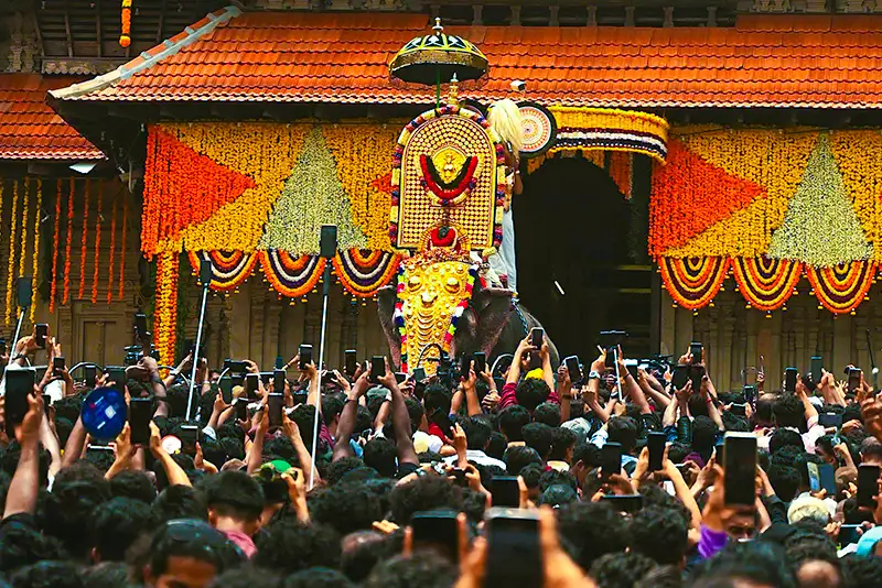 Spectators filming a decorated elephant at a temple festival